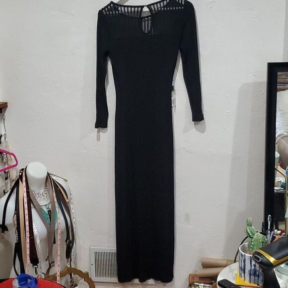 New Bebe Black Maxi Dress with Swarovski Crystals, Sheer Stripes & Side Slit - Picture 6 of 16